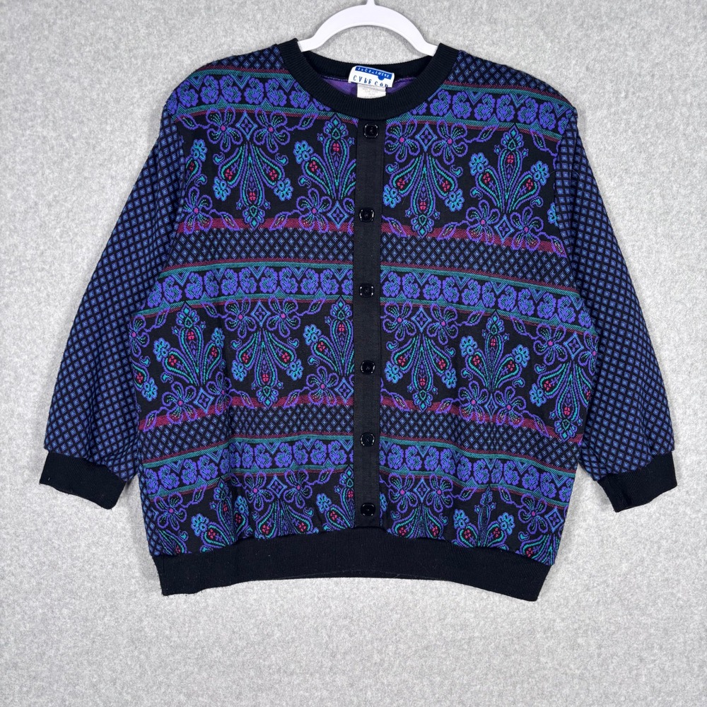 Vintage Cape Cod Sweater Large Teal Purple Paisley Knit Cottage Grandma USA